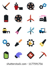 Color and black flat icon set - fork loader vector, gear, factory, trowel, glove, saw, sea port, flammable, reel, low battery, root setup, windmill, hard work