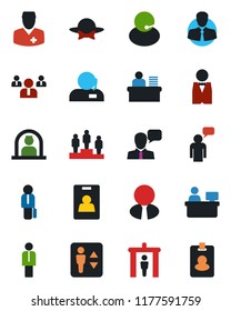 Color and black flat icon set - security gate vector, elevator, reception, manager, speaking man, pedestal, team, place, doctor, support, client, speaker, identity card, desk, estate agent, waiter
