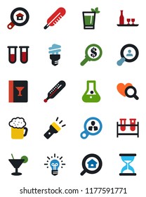 Color and black flat icon set - blood test vial vector, thermometer, heart diagnostic, torch, estate search, client, alcohol, wine card, cocktail, phyto bar, beer, energy saving bulb, consumer, idea