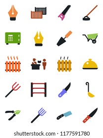 Color and black flat icon set - passport control vector, safe, trowel, farm fork, wheelbarrow, pruner, saw, hoe, garden knife, cargo container, rack, ink pen, heater, dish, ladle