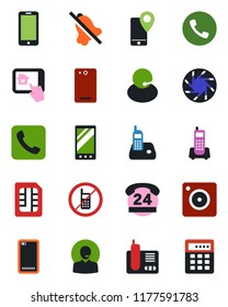 Color and black flat icon set - phone vector, no mobile, office, 24 hours, support, tracking, radio, back, call, camera, sim, mute, home control app, combination lock
