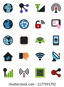 Color and black flat icon set - antenna vector, earth, satellite, finger down, network, wireless, cellular signal, smart home, chip, lock, control app, social media