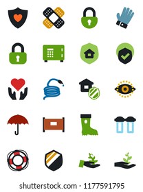 Color and black flat icon set - fence vector, safe, glove, boot, hose, patch, heart shield, hand, umbrella, lock, eye id, estate insurance, water filter, palm sproute, crisis management