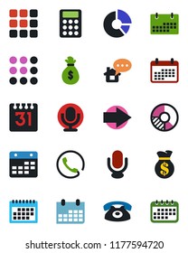 Color and black flat icon set - right arrow vector, calendar, circle chart, microphone, menu, calculator, phone, home message, money bag