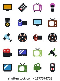 Color and black flat icon set - tv vector, reel, satellite, video camera, remote control, monitor