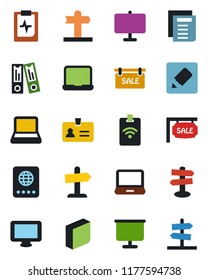 Color and black flat icon set - passport vector, identity, office binder, document, pulse clipboard, signpost, monitor, laptop pc, notes, presentation board, blank box, notebook, sale, pass card