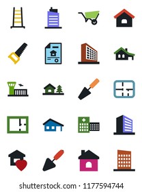 Color and black flat icon set - airport building vector, office, trowel, ladder, wheelbarrow, saw, house, hospital, with garage, tree, plan, estate document, sweet home, city
