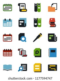 Color and black flat icon set - contract vector, book, document search, pen, calendar, folder, news, copybook, schedule