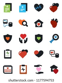 Color and black flat icon set - heart vector, pulse, diagnosis, blood pressure, diagnostic, shield, hand, real, medical calendar, clipboard, sweet home