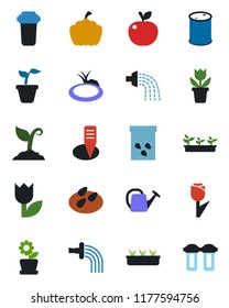 Color and black flat icon set - flower in pot vector, seedling, watering can, sproute, plant label, pumpkin, seeds, pond, tulip, oil barrel, apple fruit, water filter