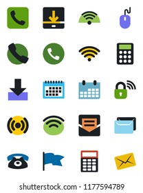 Color and black flat icon set - phone vector, mouse, calendar, call, mail, download, wireless, calculator, lock, flag