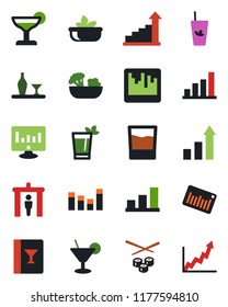 Color and black flat icon set - security gate vector, growth statistic, monitor, barcode, equalizer, scanner, bar graph, alcohol, wine card, drink, cocktail, phyto, salad, sushi
