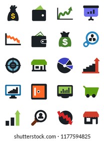 Color and black flat icon set - checkroom vector, growth statistic, money bag, crisis graph, store, monitor statistics, pie, target, consumer search, wallet, cart, presentation, storefront