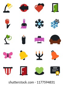 Color and black flat icon set - left arrow vector, pennant, butterfly, heart, tulip, themes, bell, desk lamp, cushioned furniture, restaurant table, candle, snowflake, door, certificate