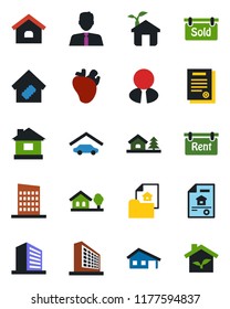 Color and black flat icon set - office building vector, house, real heart, contract, with garage, tree, estate document, rent, sold signboard, agent, smart home, city, eco