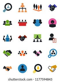 Color and black flat icon set - handshake vector, hierarchy, team, patient, group, user, meeting, client search, consumer