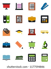 Color and black flat icon set - airport bus vector, book, graduate, abacus, presentation board, microscope, calculator, case, paper clip, pencil, stapler