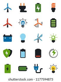 Color and black flat icon set - bulb vector, battery, low, protect, charge, windmill, power plug, energy saving, idea
