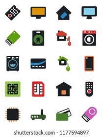 Color and black flat icon set - monitor vector, speaker, phone back, sim, washer, smart home, credit card, control, chip, remote, router, usb flash