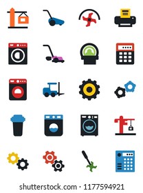 Color and black flat icon set - washer vector, fork loader, gear, ripper, lawn mower, tomography, printer, crane, water filter, combination lock