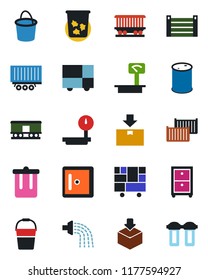 Color and black flat icon set - trash bin vector, checkroom, bucket, watering, railroad, truck trailer, cargo container, consolidated, package, oil barrel, heavy scales, archive box, water filter