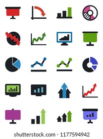 Color and black flat icon set - growth statistic vector, presentation board, crisis graph, monitor, circle chart, statistics, bar, pie, point, arrow up