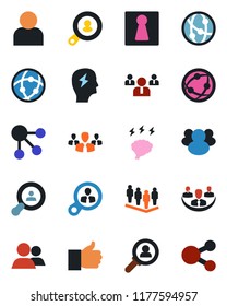 Color and black flat icon set - female vector, team, brainstorm, network, group, finger up, user, company, client search, consumer, social media