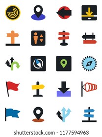 Color and black flat icon set - elevator vector, signpost, left arrow, wind, radar, route, pin, download, place tag, compass, flag, guidepost