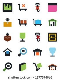 Color and black flat icon set - baggage trolley vector, fragile, cargo, warehouse storage, no, hook, package, search, scanner, blank box