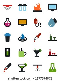 Color and black flat icon set - hot cup vector, dropper, flammable, monitor, alcohol, drink, cocktail, water, filter, sprinkler, flask