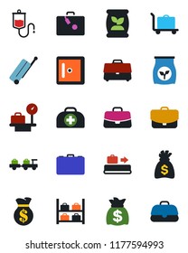 Color and black flat icon set - suitcase vector, baggage conveyor, trolley, larry, luggage storage, scales, checkroom, case, money bag, fertilizer, doctor, dropper