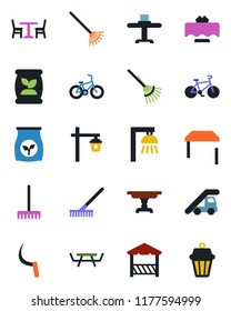 Color and black flat icon set - cafe vector, ladder car, rake, sickle, garden light, picnic table, fertilizer, bike, restaurant, alcove, outdoor lamp