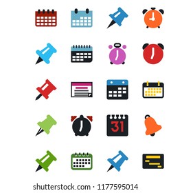 Color and black flat icon set - alarm clock vector, drawing pin, calendar, term, paper, bell, schedule