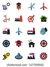 Color and black flat icon set - factory vector, bird house, target, sun panel, windmill, eco, water
