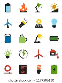 Color and black flat icon set - hot cup vector, bulb, fire, oil barrel, battery, torch, brightness, charge, desk lamp, sun panel, windmill, home control, water heater, energy saving