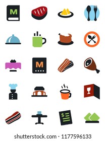 Color and black flat icon set - hot cup vector, spoon and fork, coffee, cook, dish, restaurant table, serviette, wine card, menu, bacon, cafe building, receipt, chicken, steak, ham