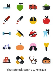 Color and black flat icon set - pumpkin vector, stethoscope, dropper, patch, ambulance car, barbell, bike, lungs, tooth, implant, diet, hospital, pool, salad, rolling pin, apple fruit, cheese