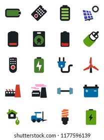 Color and black flat icon set - fork loader vector, factory, barbell, speaker, battery, low, rca, charge, sun panel, windmill, home control, power plug, remote, energy saving bulb