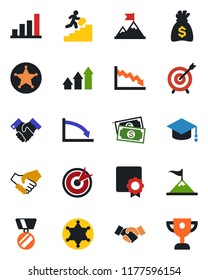 Color and black flat icon set - handshake vector, medal, graduate, money bag, cash, sertificate, bar graph, career ladder, police, target, arrow up, motivation, crisis, award cup