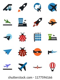 Color and black flat icon set - plane vector, departure, arrival, ladder car, boarding, seat map, globe, airport building, lady bug, rocket, paper, air balloon