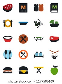 Color and black flat icon set - spoon and fork vector, picnic table, cafe, menu, salad, salt pepper, steak, hamburger, bowl, sushi, apple fruit