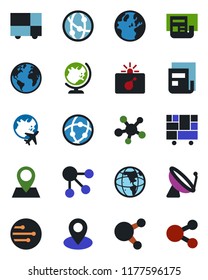 Color and black flat icon set - satellite antenna vector, bomb in case, globe, plane, earth, pin, consolidated cargo, network, share, news, social media