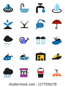 Color and black flat icon set - watering can vector, bucket, water drop, rain, well, hose, pond, sea shipping, umbrella, supply, warehouse, bathroom, irrigation, filter, warm floor