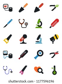 Color and black flat icon set - trowel vector, pruner, saw, stethoscope, blood pressure, thermometer, heart diagnostic, microscope, scalpel, microphone