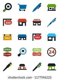 Color and black flat icon set - 24 around vector, shop, pen, store, search cargo, sale, sold signboard, cafe building, open close, cart, storefront