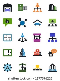 Color and black flat icon set - hierarchy vector, well, molecule, hospital, office building, garage, plan, home message