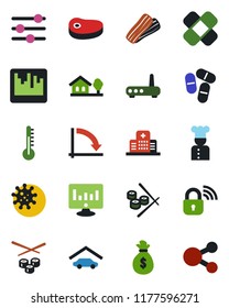 Color and black flat icon set - crisis graph vector, statistic monitor, pills, patch, hospital, virus, tuning, scanner, house with tree, garage, cook, bacon, steak, sushi, wireless lock, router