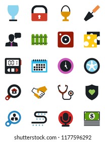 Color and black flat icon set - trowel vector, drip irrigation, stethoscope, heart shield, fragile, microphone, speaker, mobile camera, clock, stopwatch, lock, calendar, fence, estate search, cheese