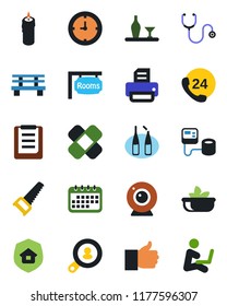 Color and black flat icon set - printer vector, saw, bench, stethoscope, blood pressure, ampoule, patch, 24 hours, clock, clipboard, finger up, rooms, client search, estate insurance, alcohol, salad