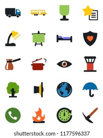 Color and black flat icon set - airport tower vector, bus, phone, bed, presentation board, tree, fire, heart shield, eye, earth, car delivery, fragile, umbrella, speaker, favorites list, desk lamp